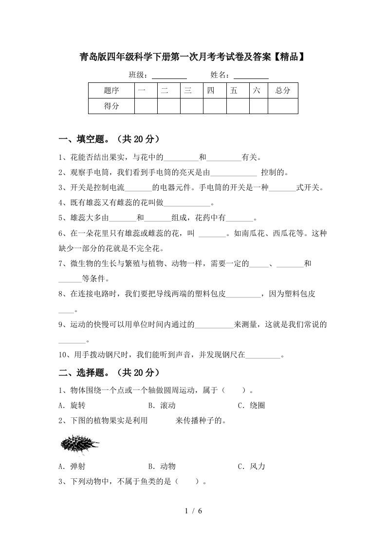 青岛版四年级科学下册第一次月考考试卷及答案精品