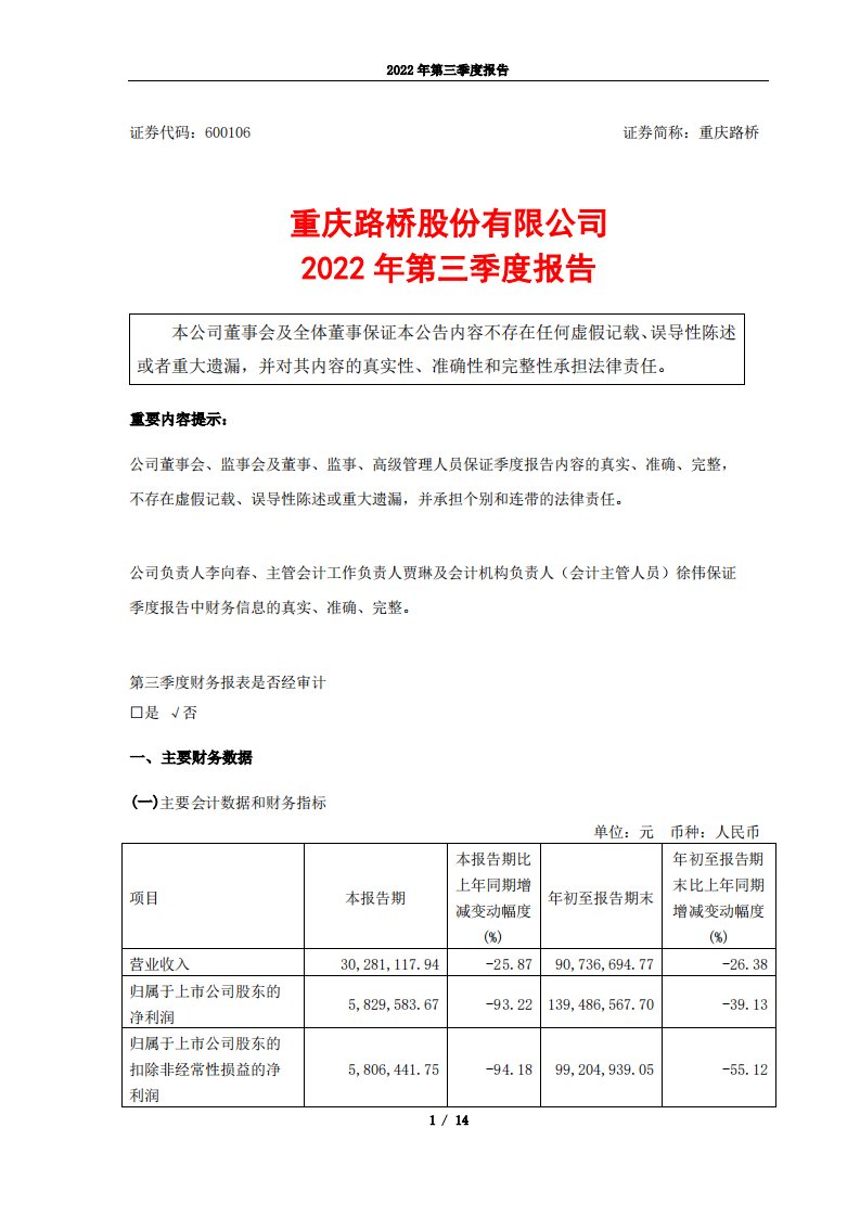 上交所-重庆路桥股份有限公司2022年第三季度报告-20221028