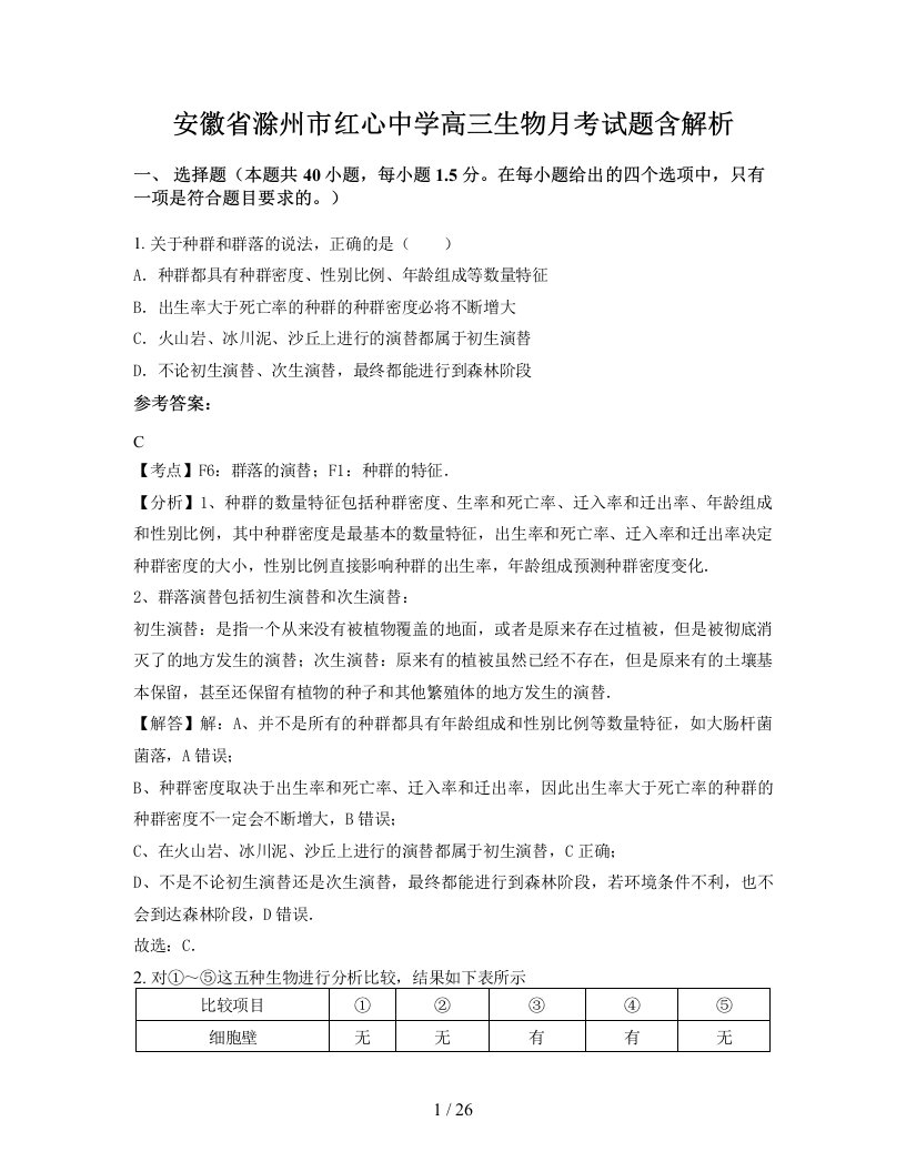 安徽省滁州市红心中学高三生物月考试题含解析