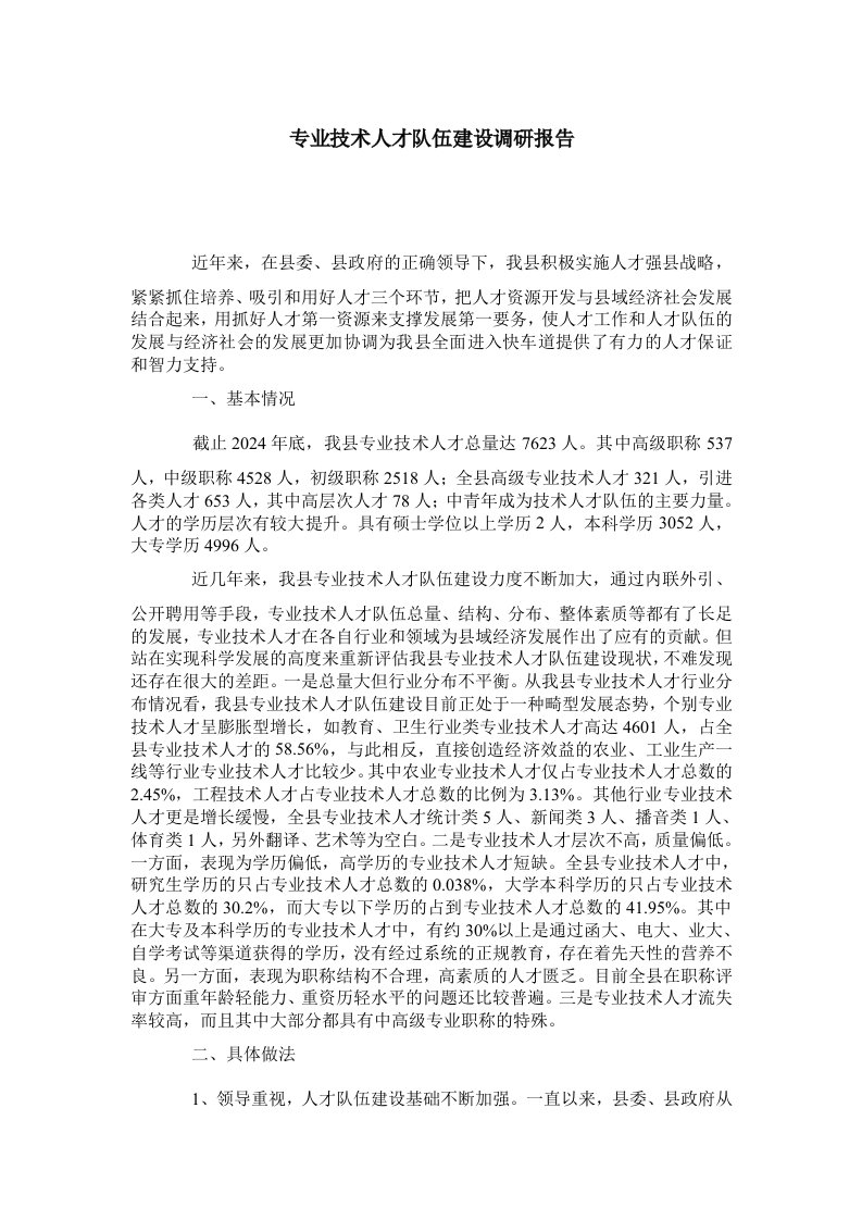 专业技术人才队伍建设调研报告