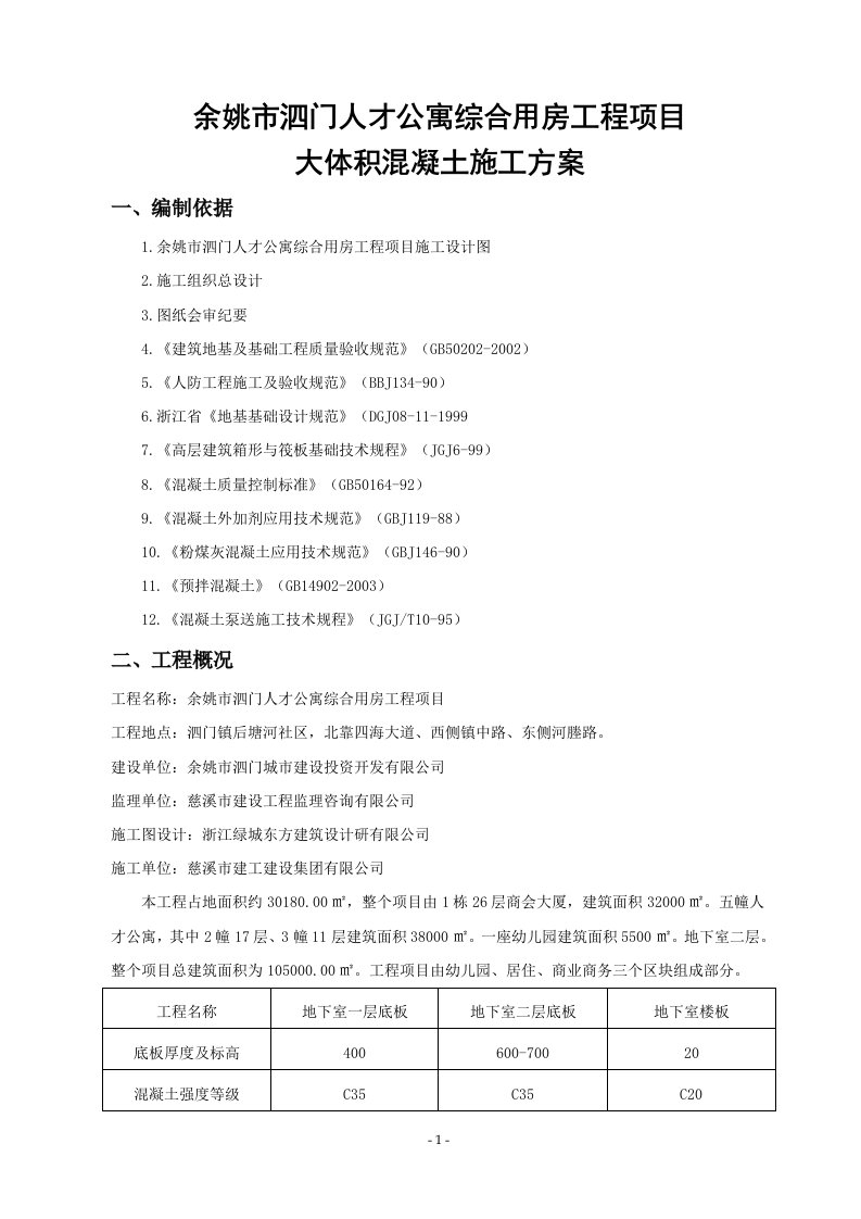 余姚市泗门人才公寓综合用房工程项目大体积混凝土施工方案