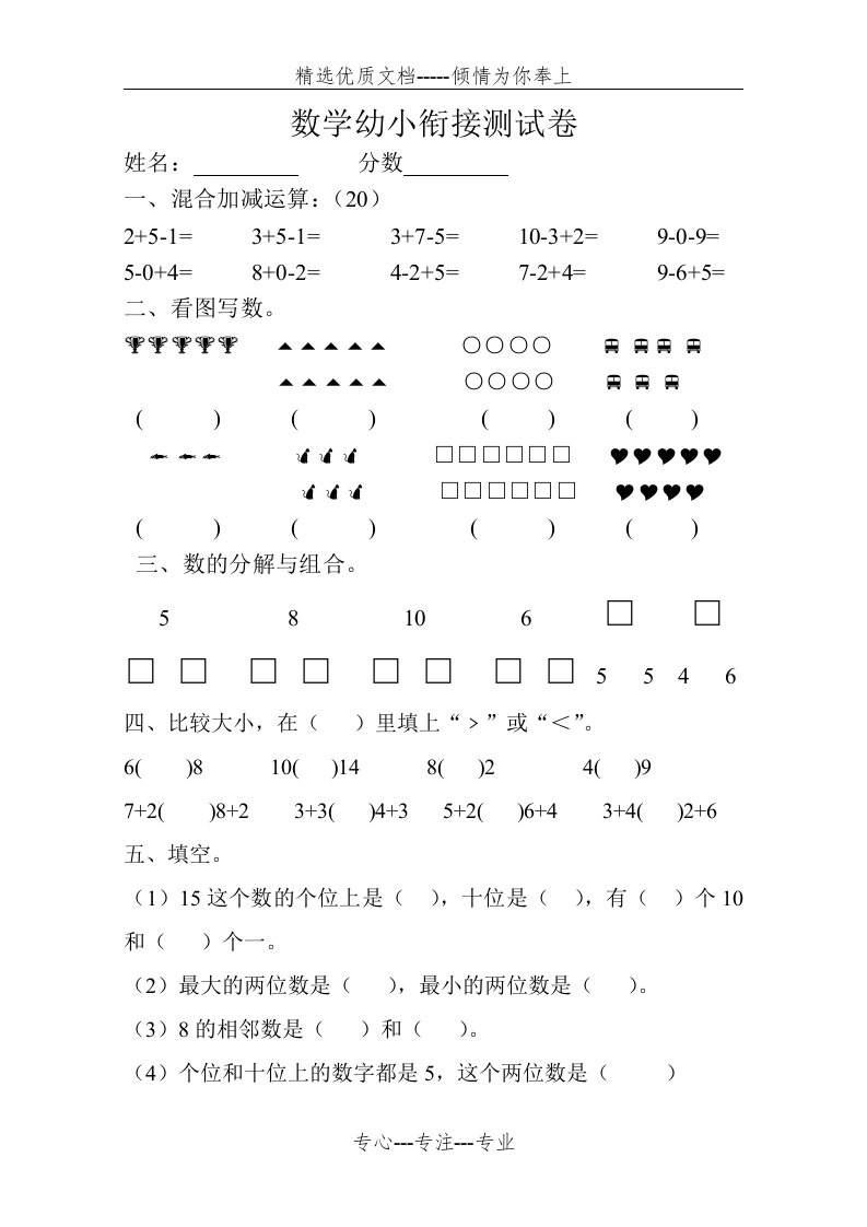 幼儿园数学幼小衔接测试卷(共2页)