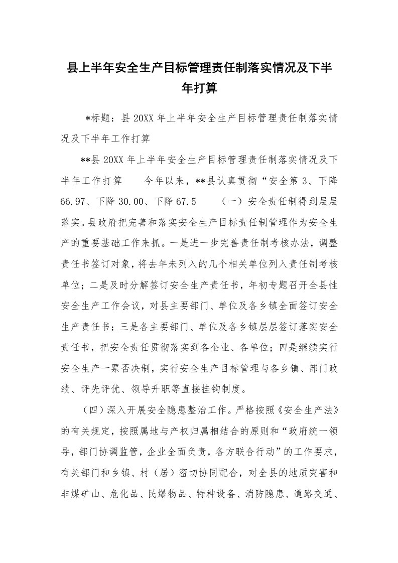 心得体会范文_经验交流材料_县上半年安全生产目标管理责任制落实情况及下半年打算