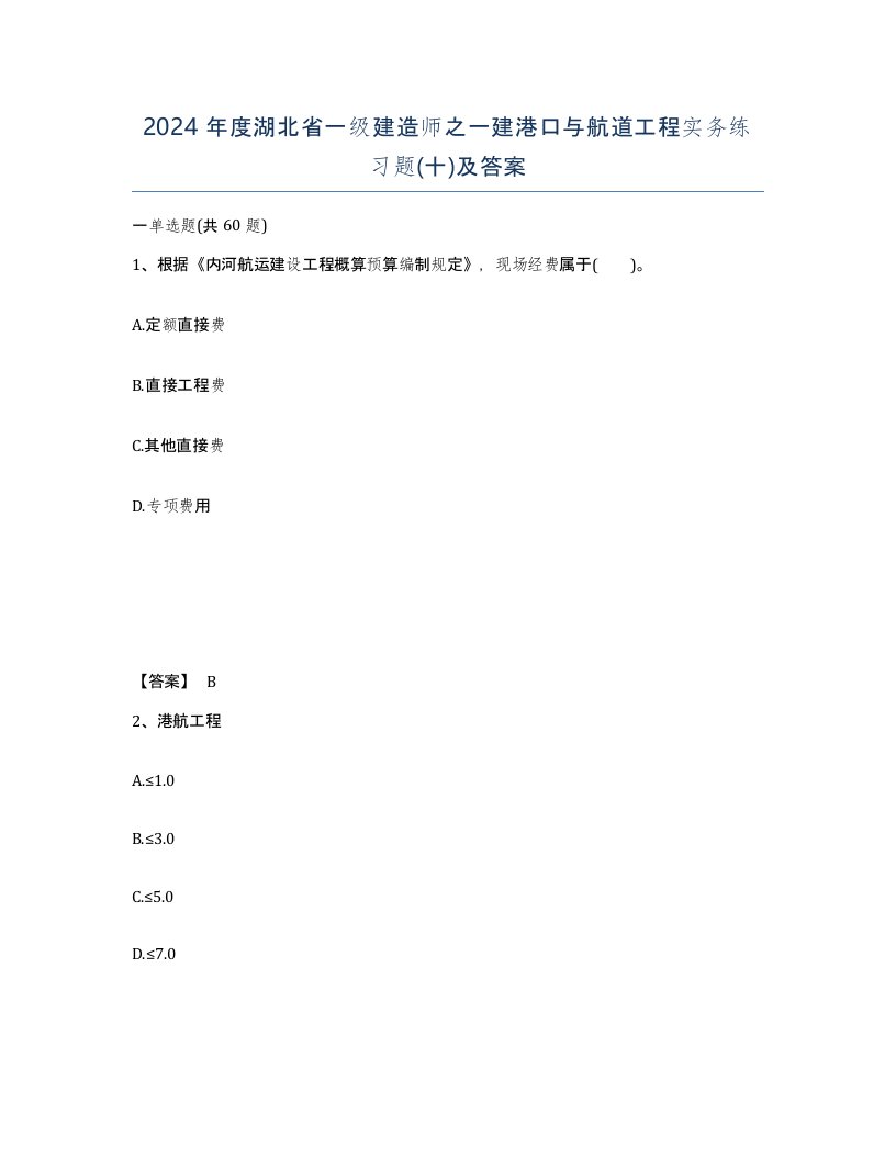 2024年度湖北省一级建造师之一建港口与航道工程实务练习题十及答案