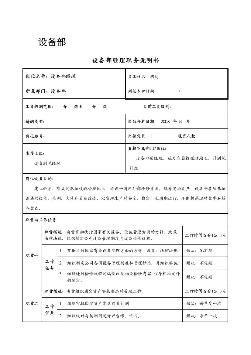 设备部经理职务说明书-岗位分析