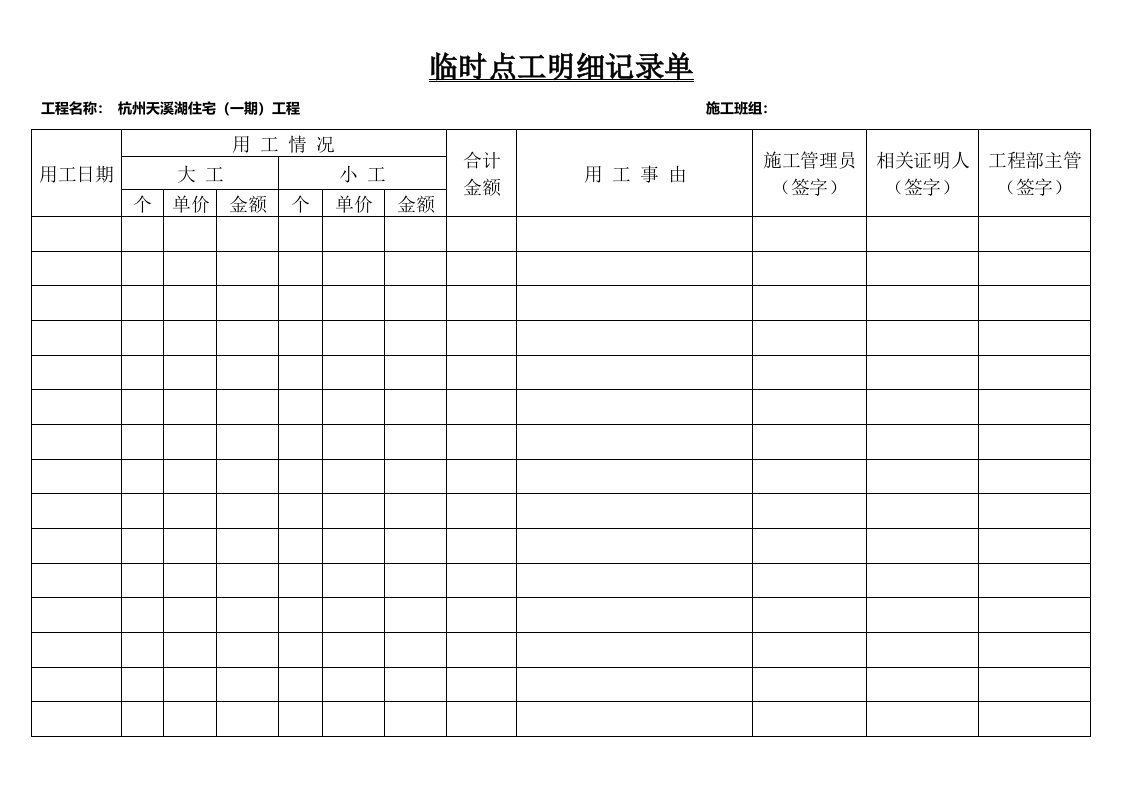 临时用工明细记录单