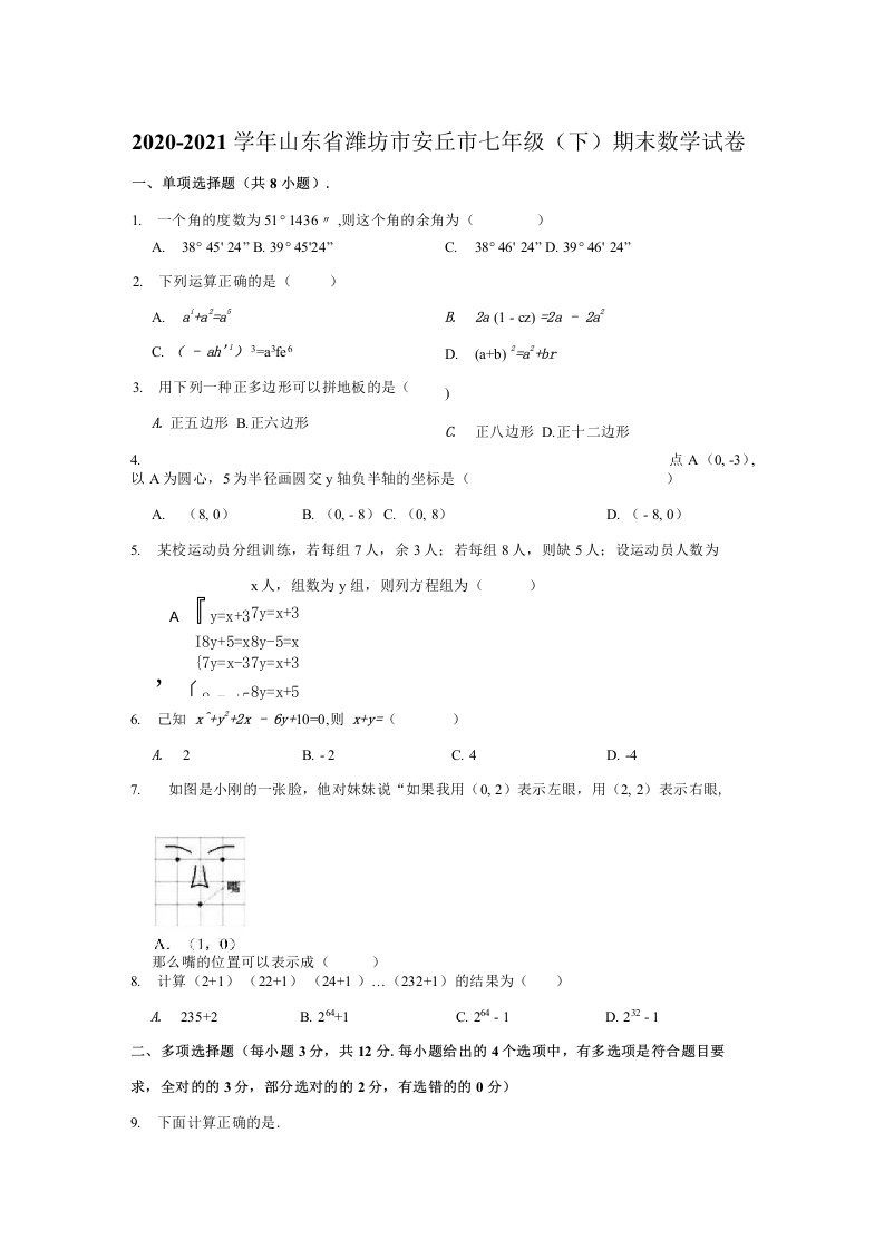 2020-2021学年山东省潍坊市安丘市七年级（下）期末数学试卷（含解析）