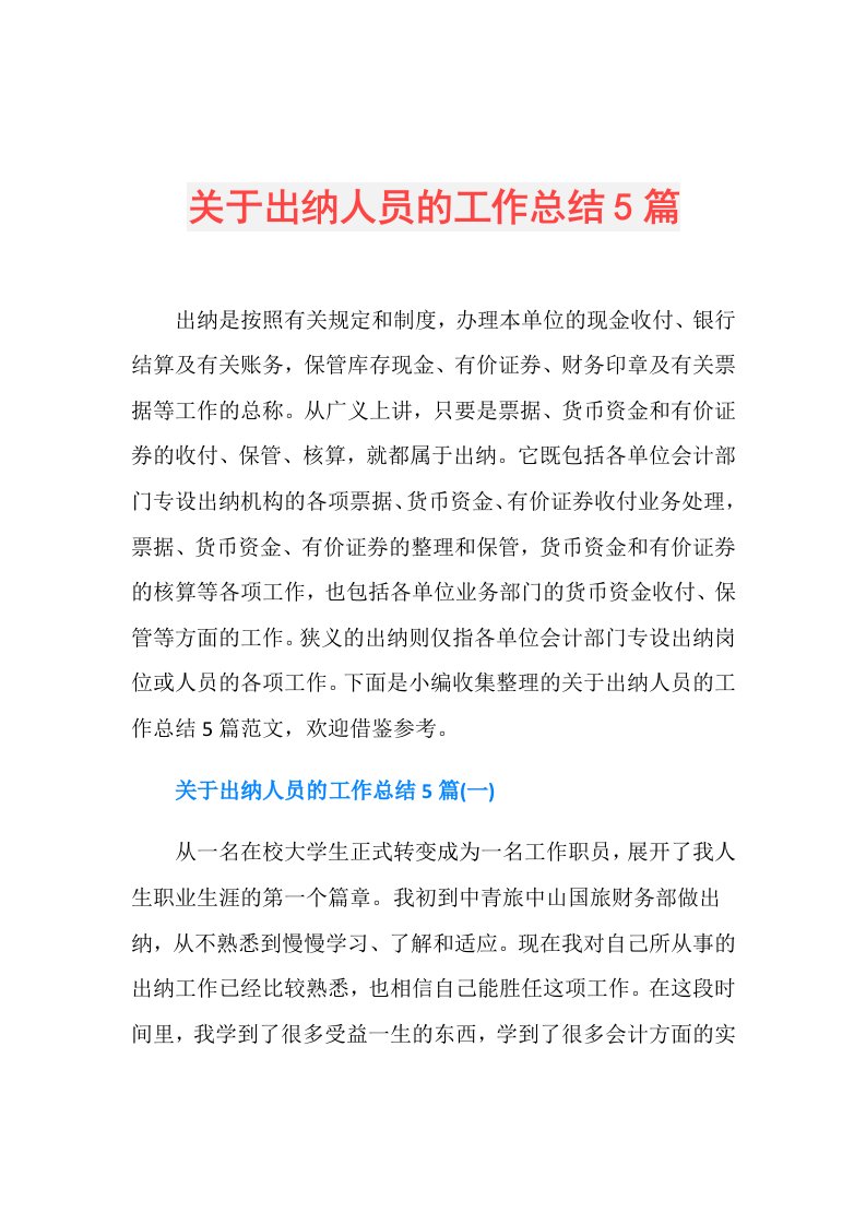 关于出纳人员的工作总结5篇