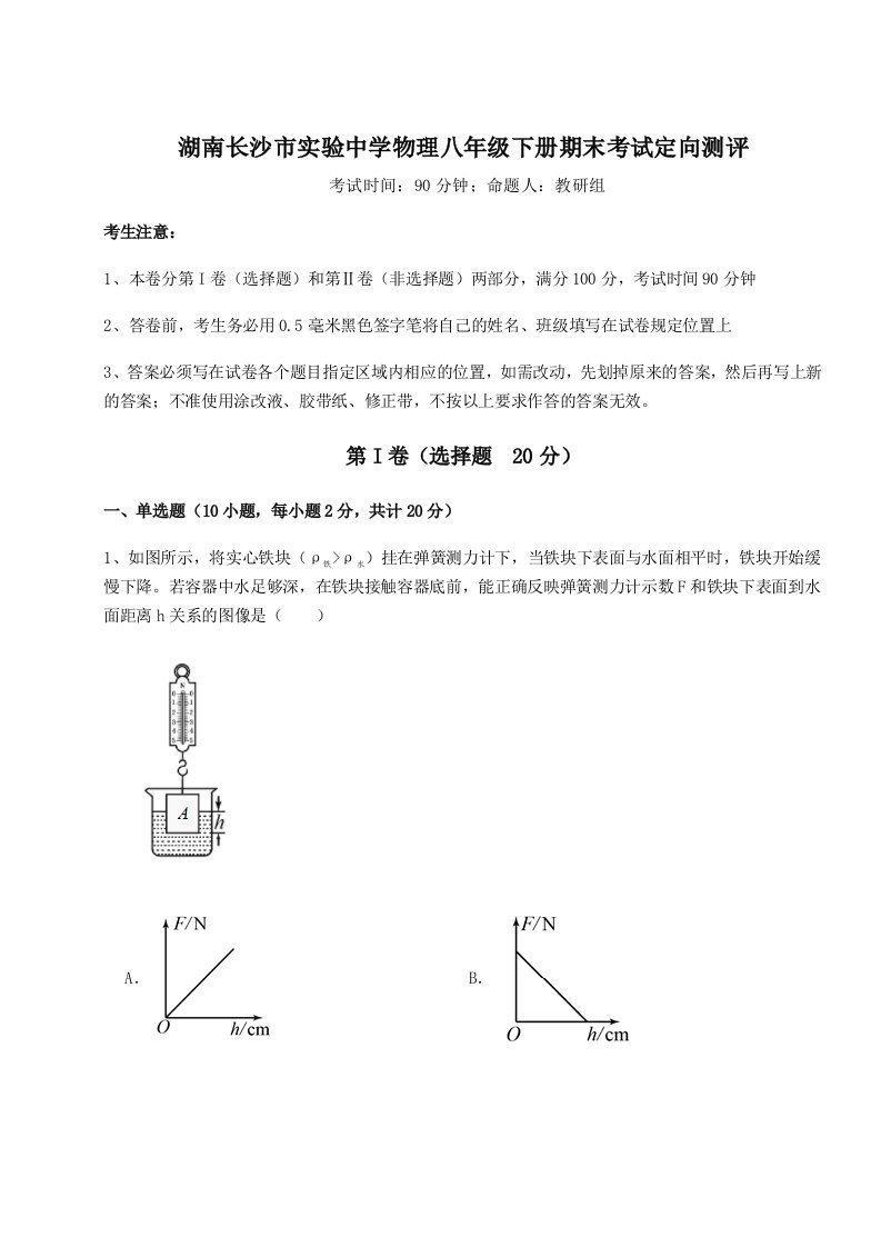 专题对点练习湖南长沙市实验中学物理八年级下册期末考试定向测评试卷（含答案详解）