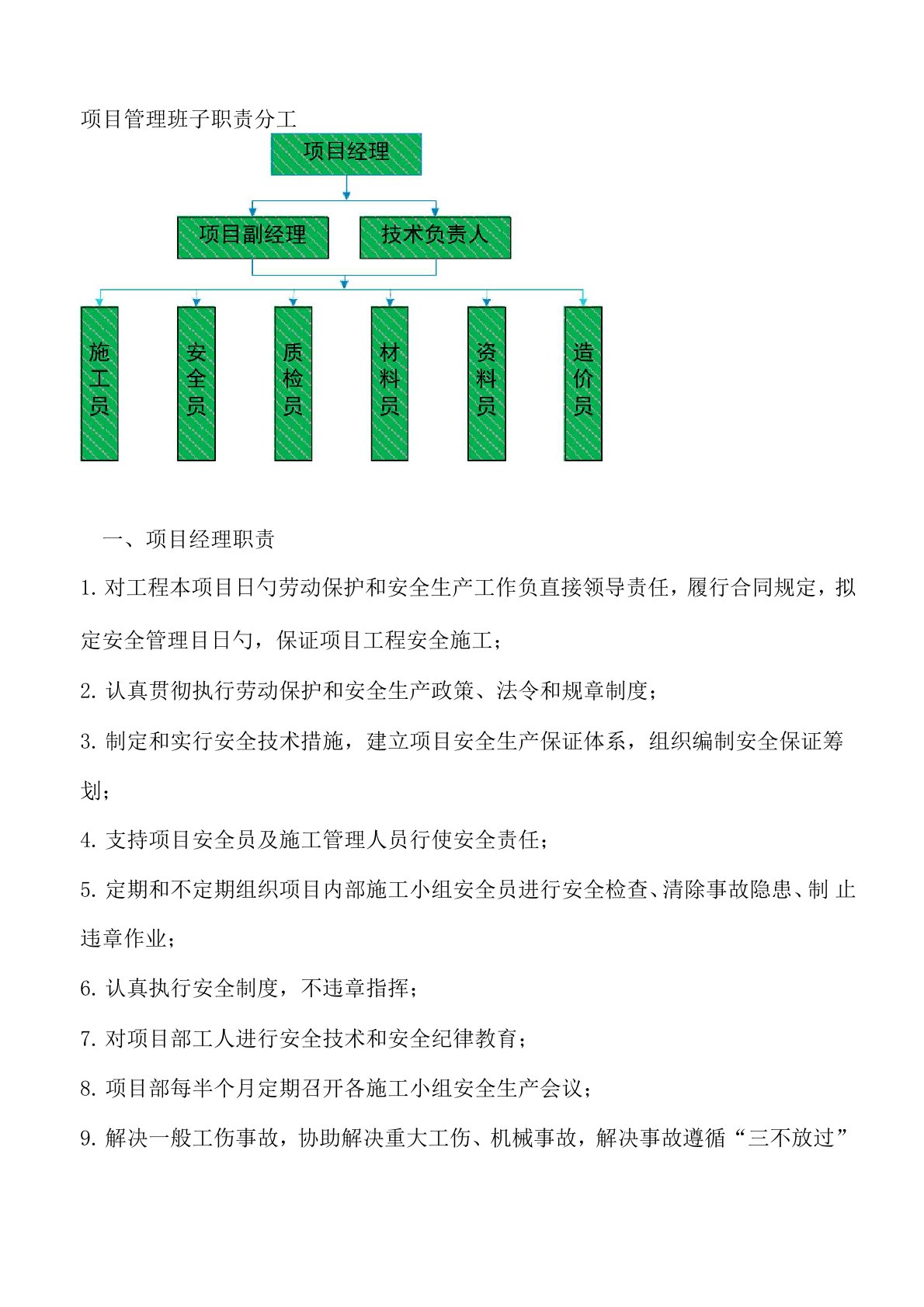 专项项目管理班子职责分工