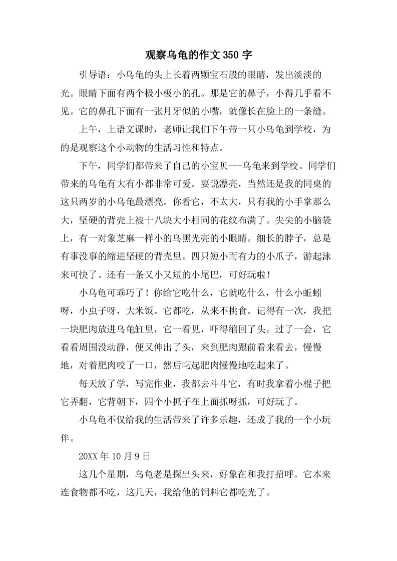 观察乌龟的作文350字