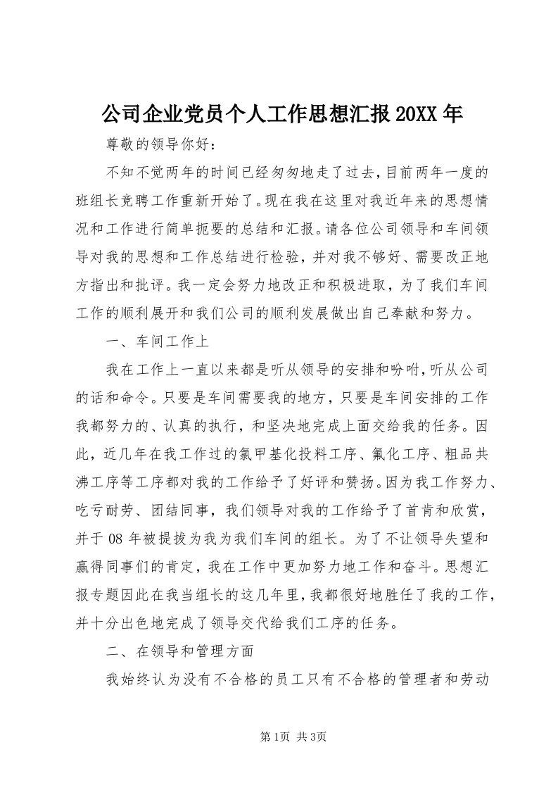 公司企业党员个人工作思想汇报某年