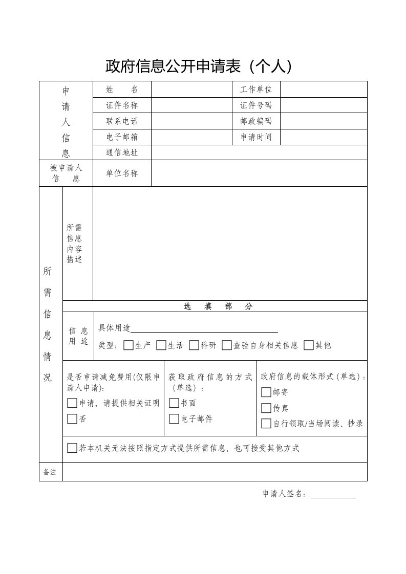 政府信息公开申请表（个人）