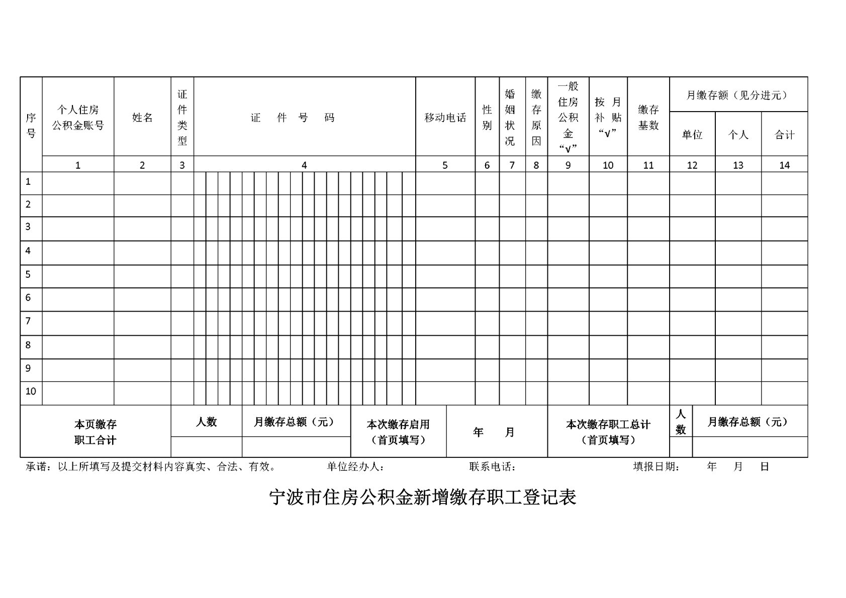 宁波住房公积金新增缴存职工登记表