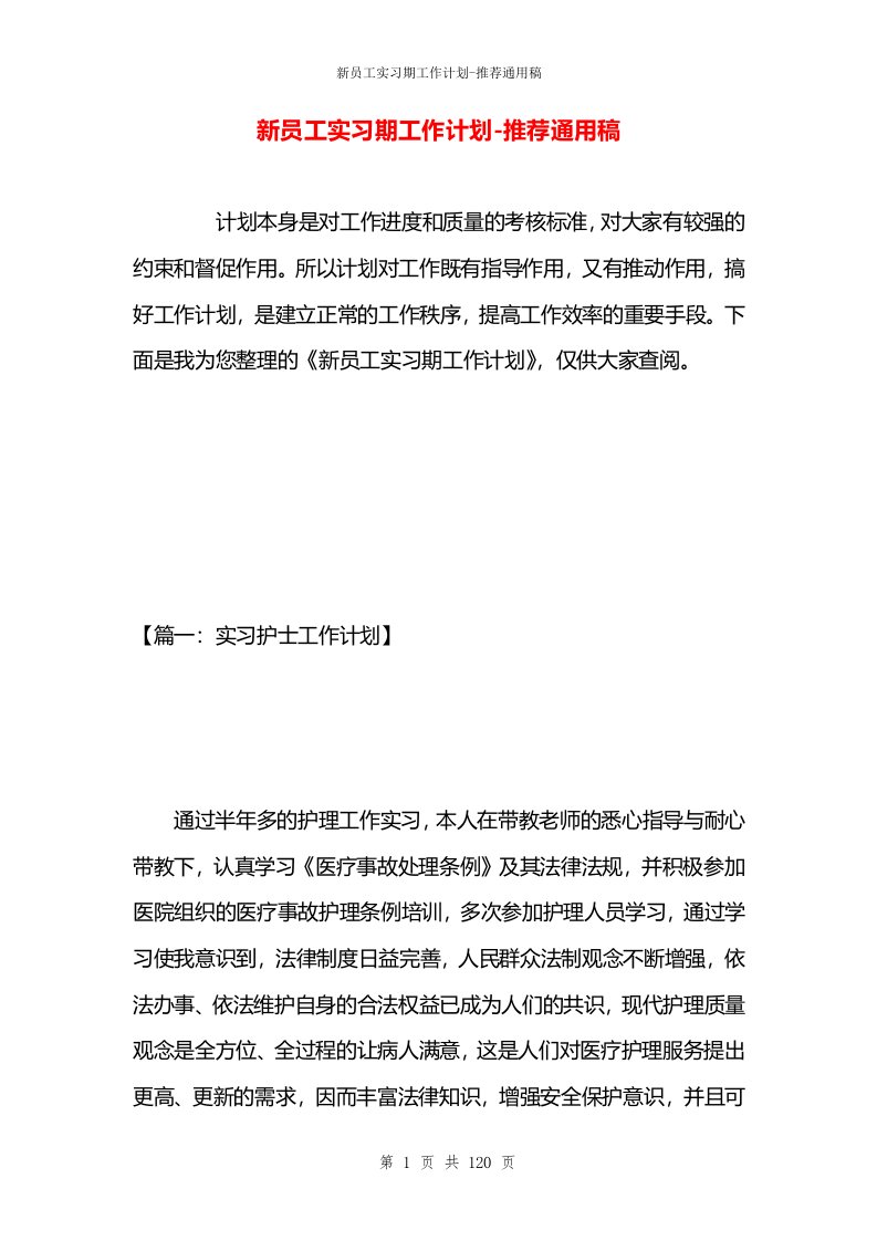 新员工实习期工作计划