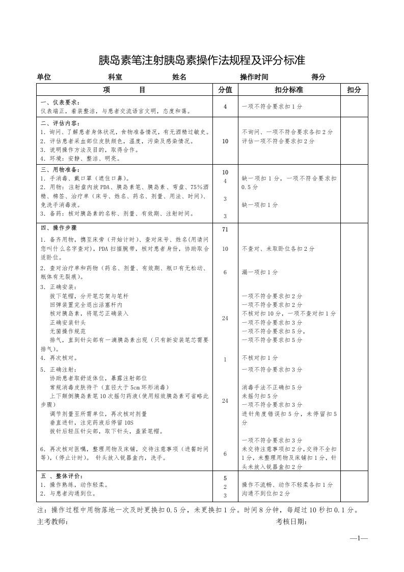 胰岛素笔注射胰岛素操作法规程及评分标准