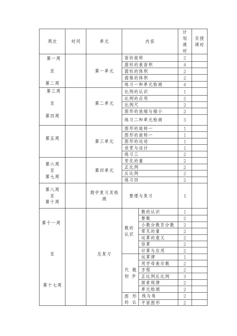 2015-2016最新北师大版六年级下册数学计划教案