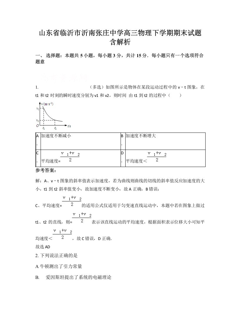 山东省临沂市沂南张庄中学高三物理下学期期末试题含解析