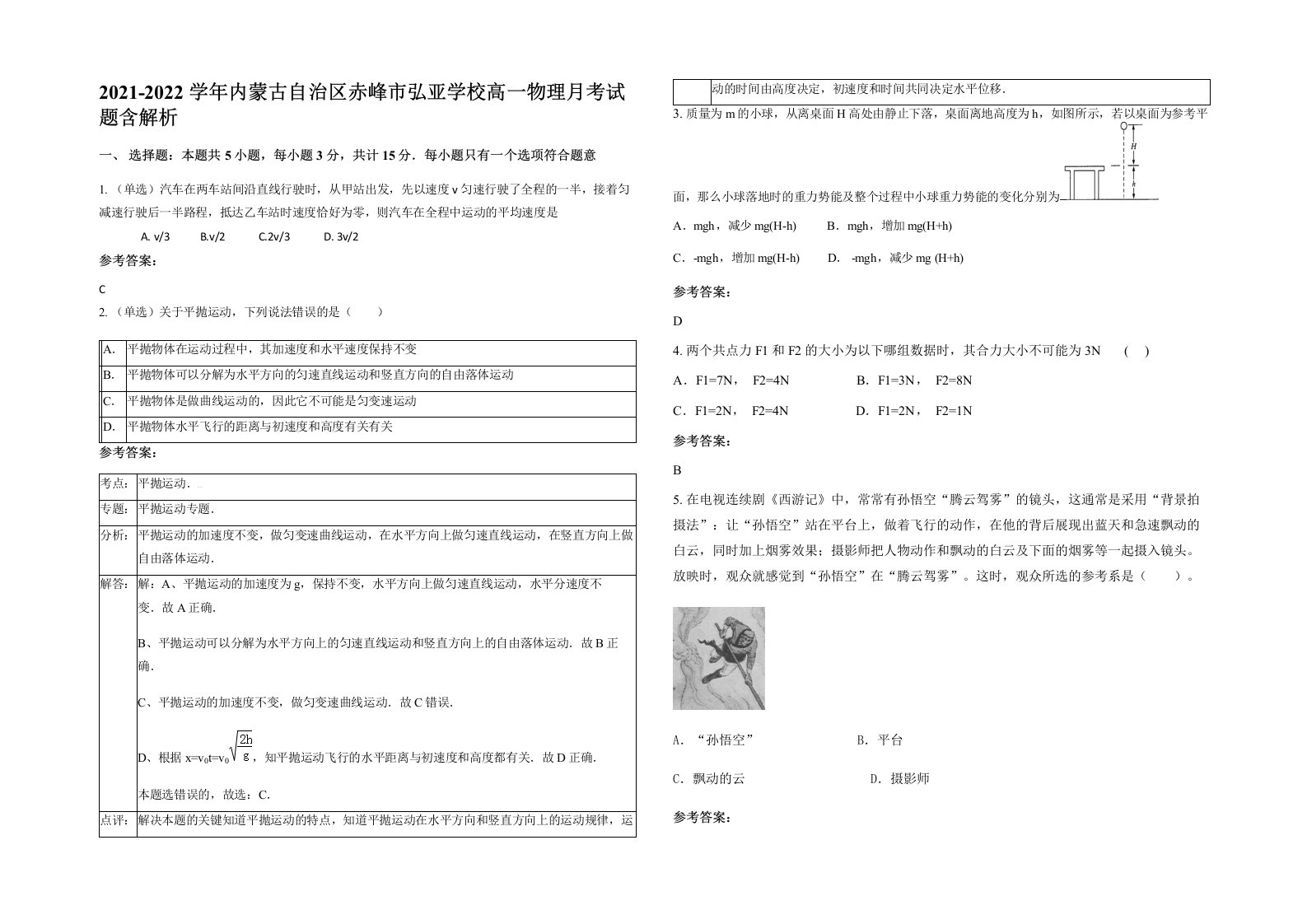 2021-2022学年内蒙古自治区赤峰市弘亚学校高一物理月考试题含解析