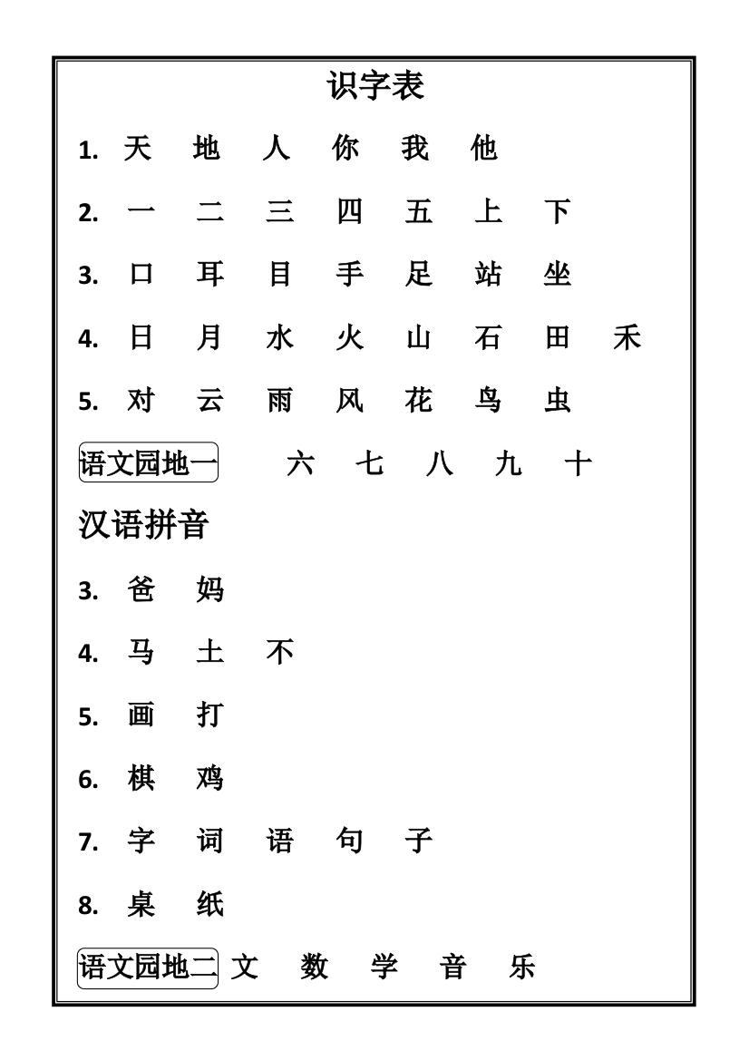 (完整word版)一年级上册语文生字表