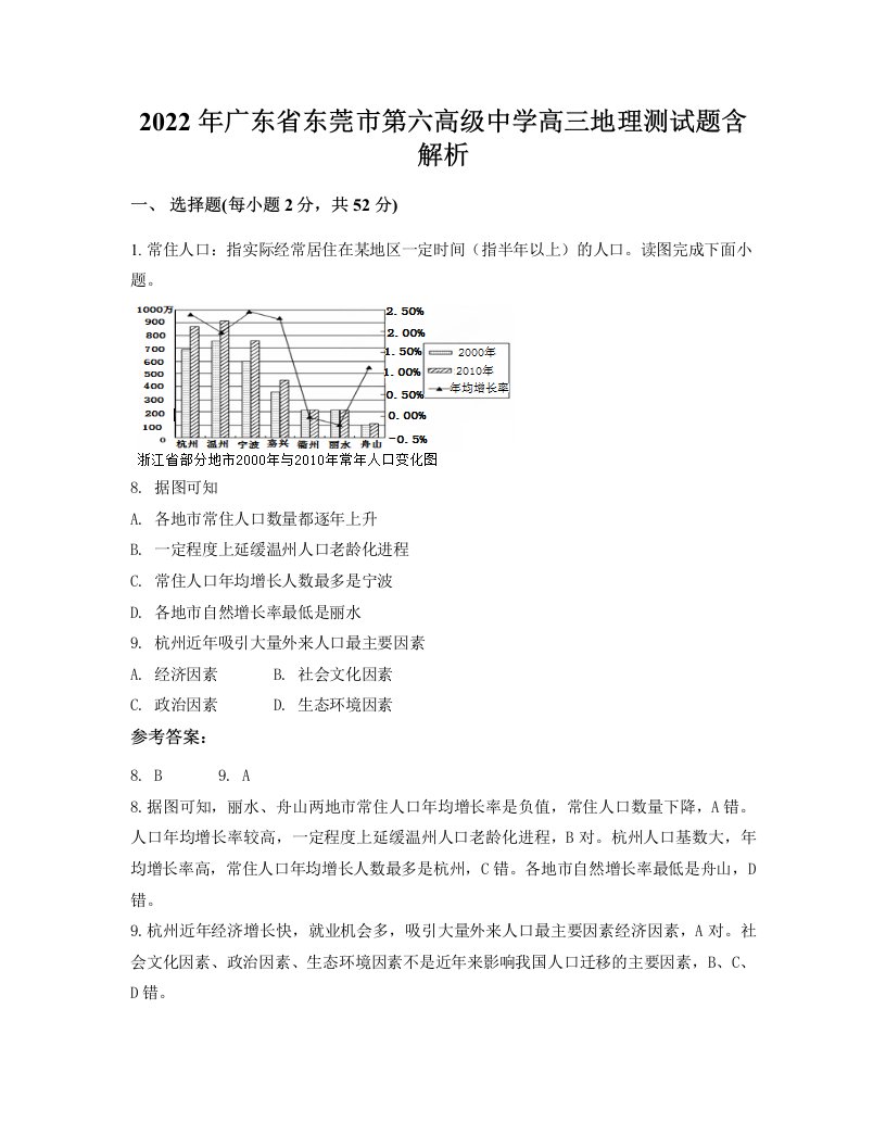 2022年广东省东莞市第六高级中学高三地理测试题含解析