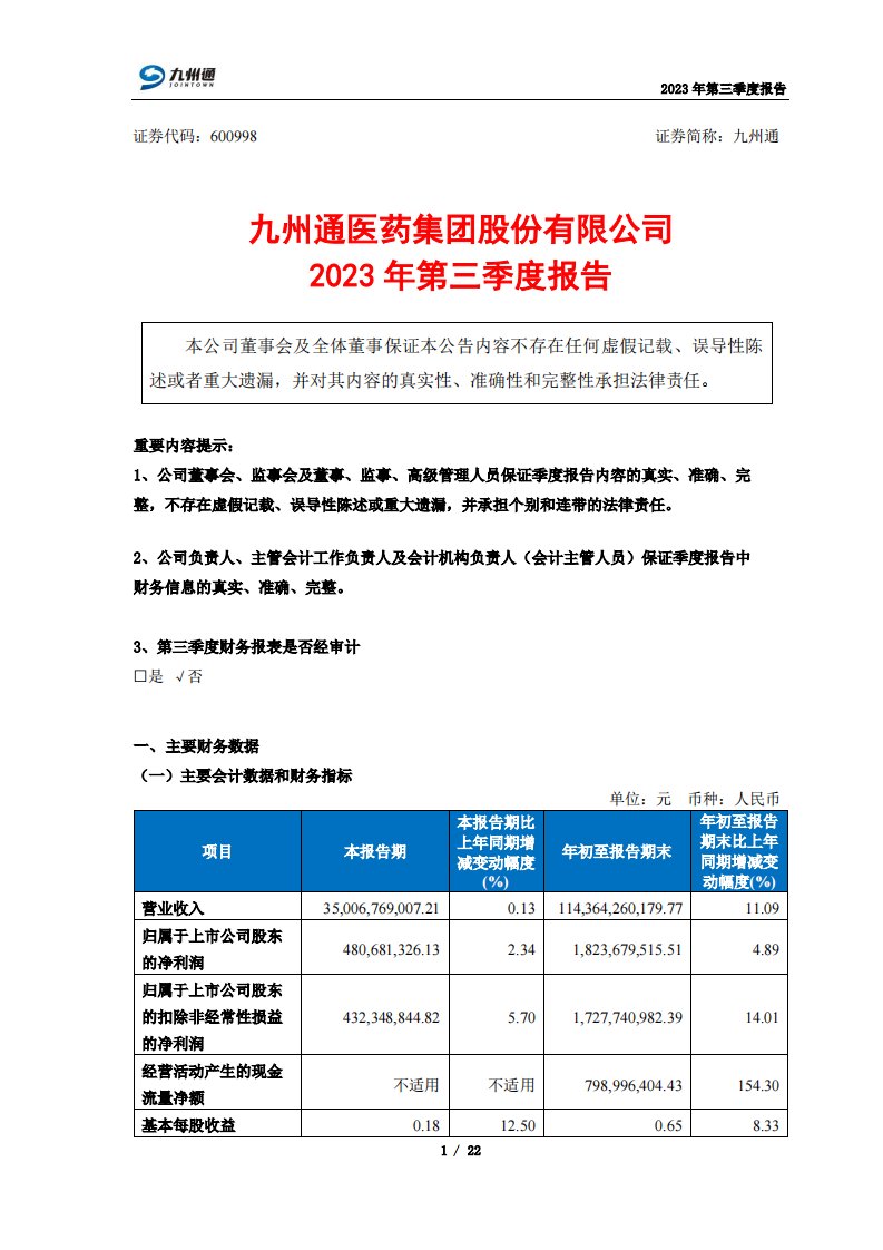 上交所-九州通2023年第三季度报告-20231026