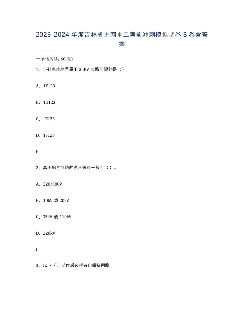 2023-2024年度吉林省进网电工考前冲刺模拟试卷B卷含答案