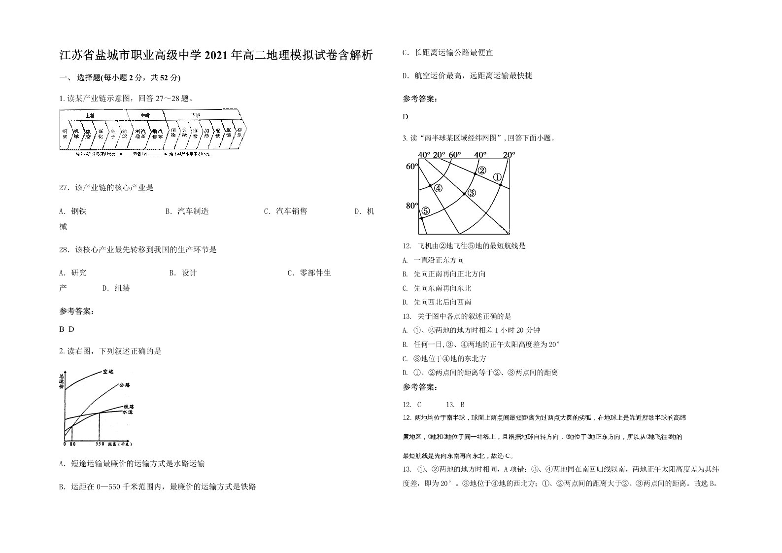 江苏省盐城市职业高级中学2021年高二地理模拟试卷含解析