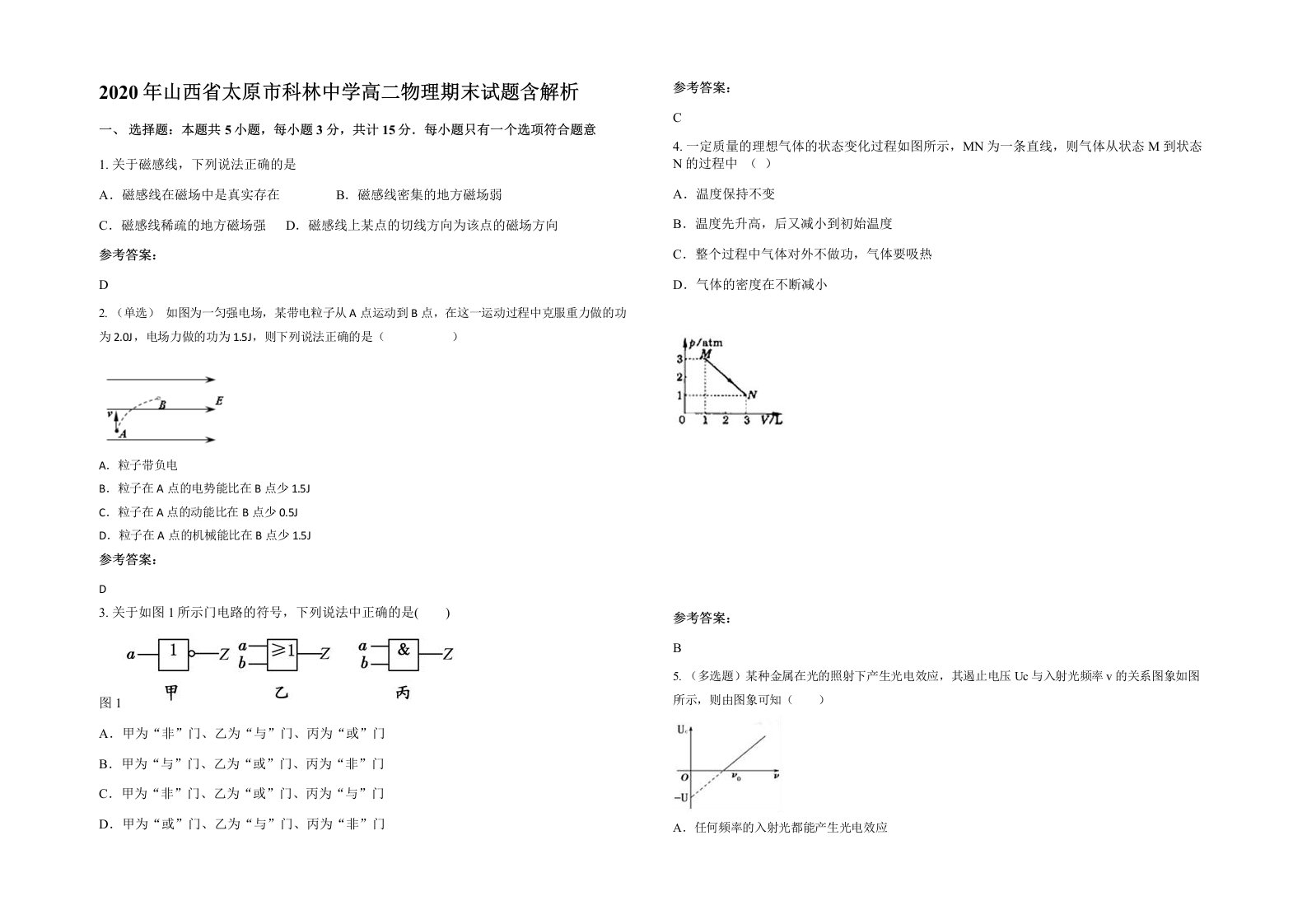 2020年山西省太原市科林中学高二物理期末试题含解析