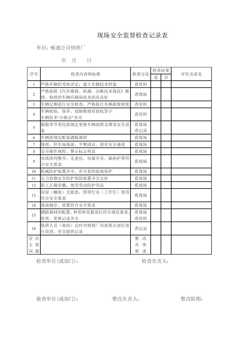 修理厂现场安全检查记录表