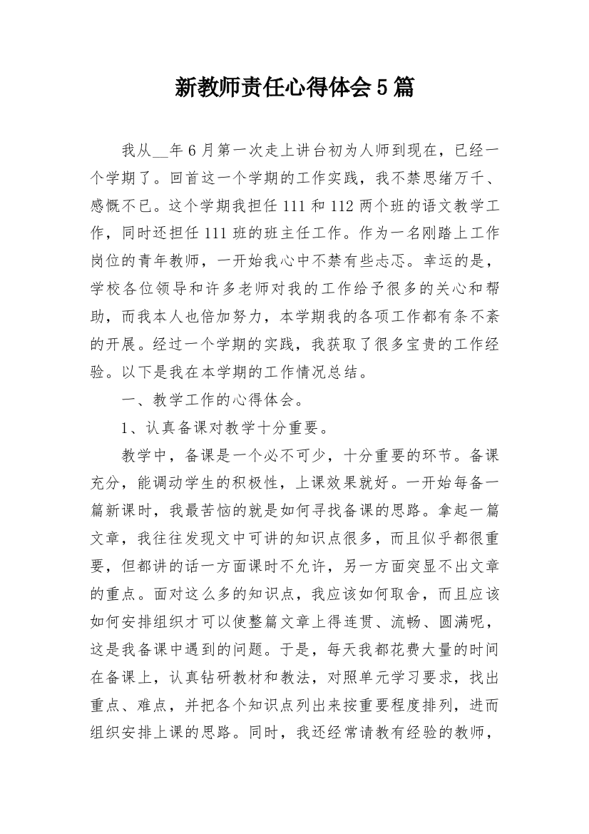 新教师责任心得体会5篇