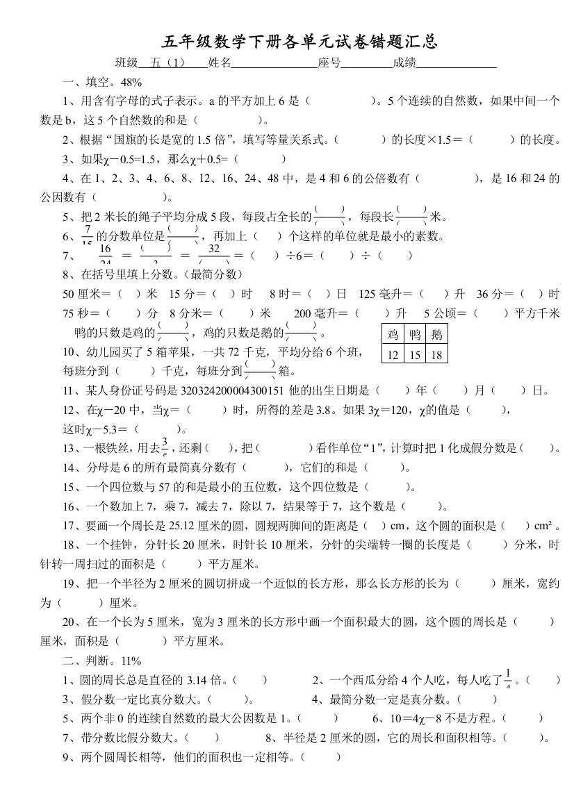 五年级数学下册各单元试卷错题汇总