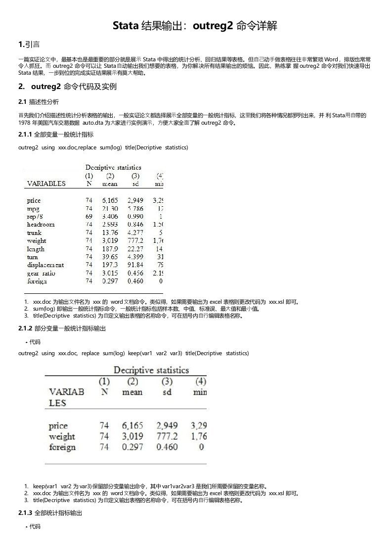 Stata结果输出：outreg2命令详解