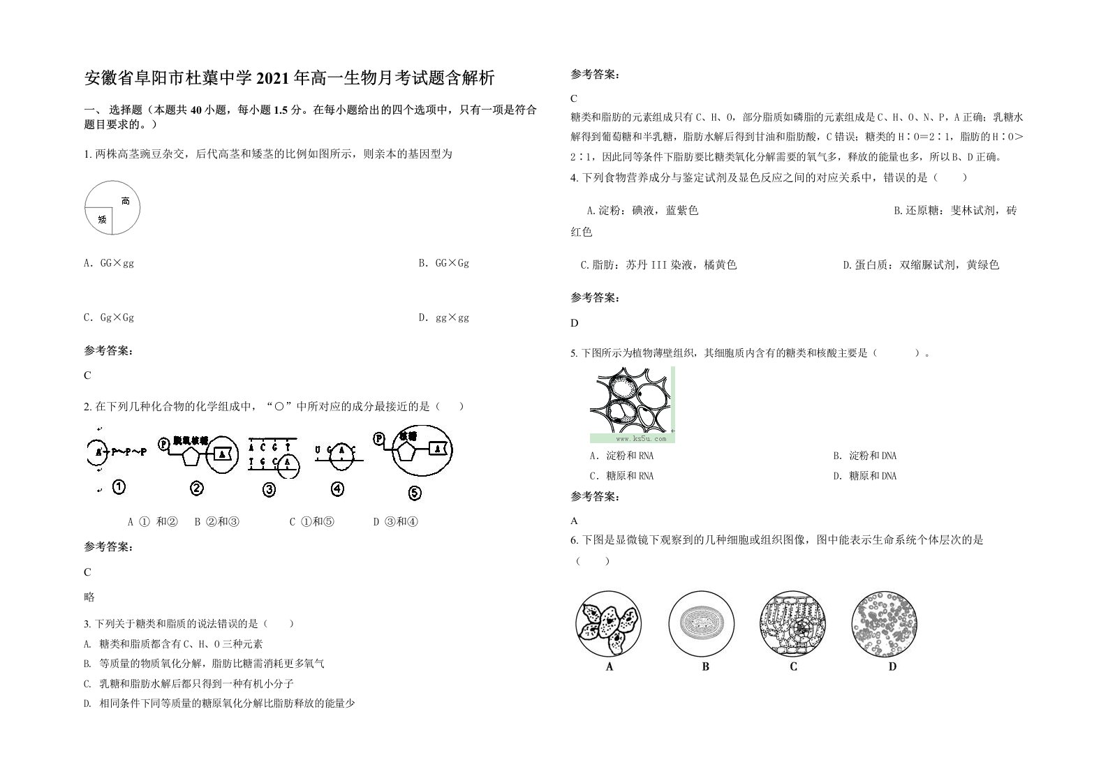 安徽省阜阳市杜蕖中学2021年高一生物月考试题含解析