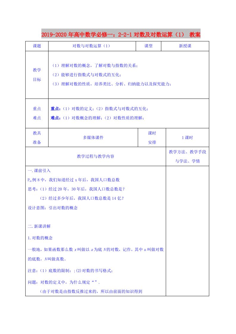 2019-2020年高中数学必修一：2-2-1对数及对数运算（1）