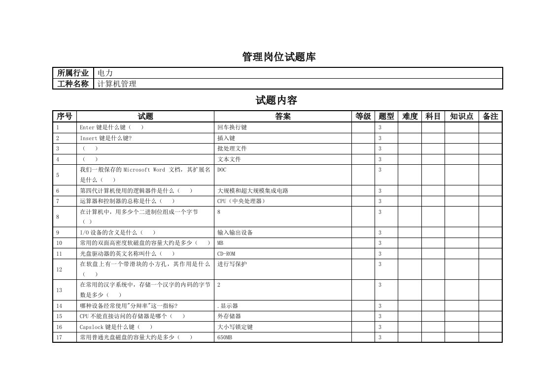 电力资格考试题库计算机管理试题模板