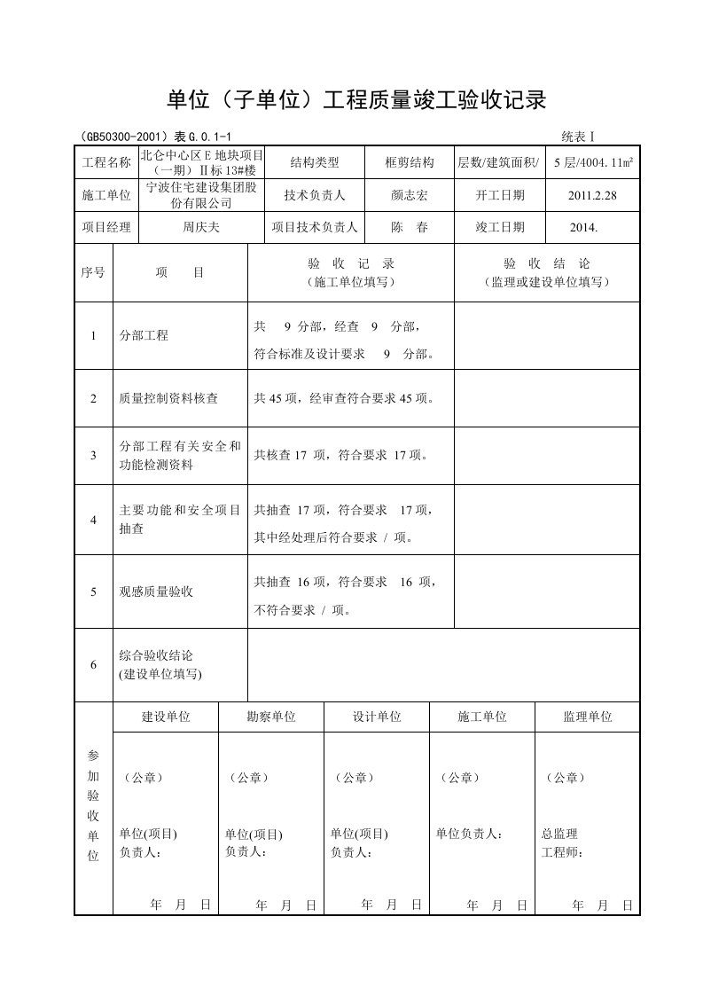 13楼单位工程竣工验收记录表课件