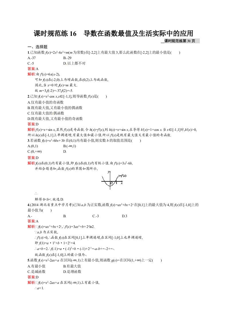 高考数学（理）一轮规范练【16】导数在函数最值及生活实际中的应用（含答案）