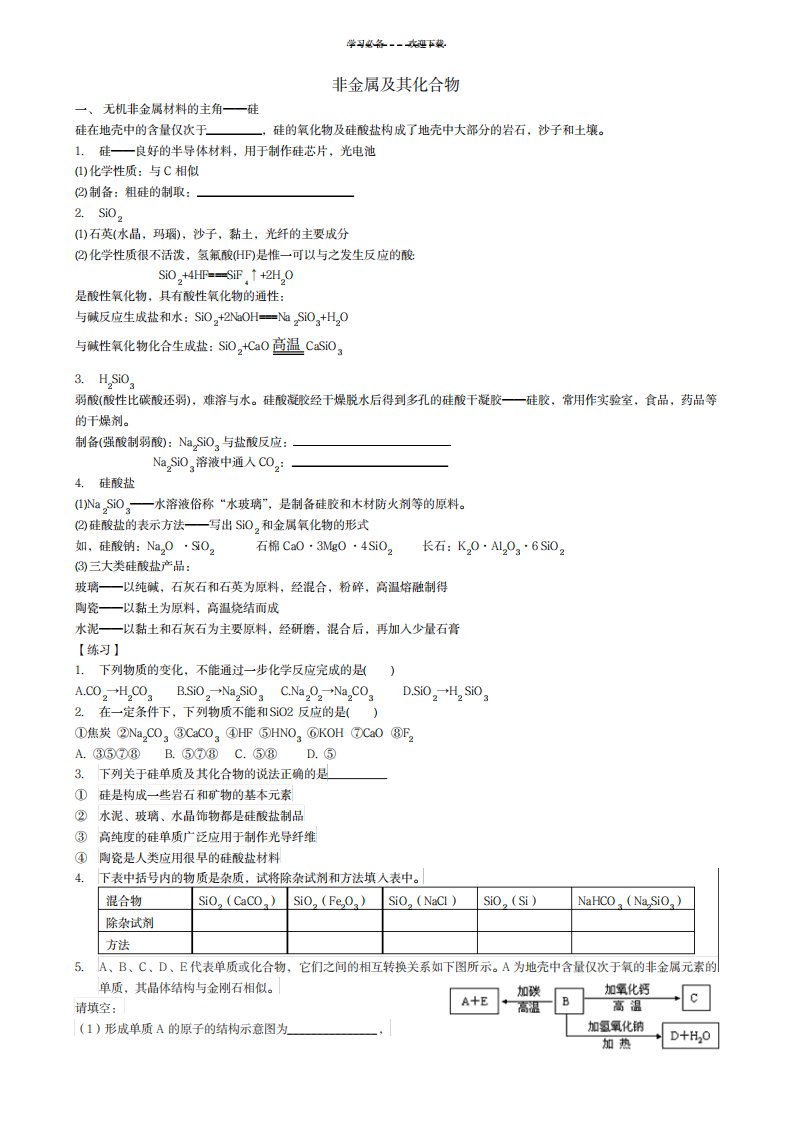 2023年高一化学非金属及其化合物系统复习学案精品讲义