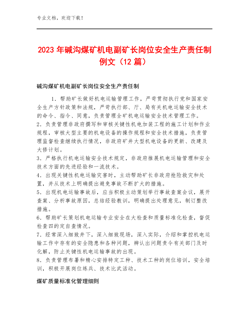 2023年碱沟煤矿机电副矿长岗位安全生产责任制例文（12篇）