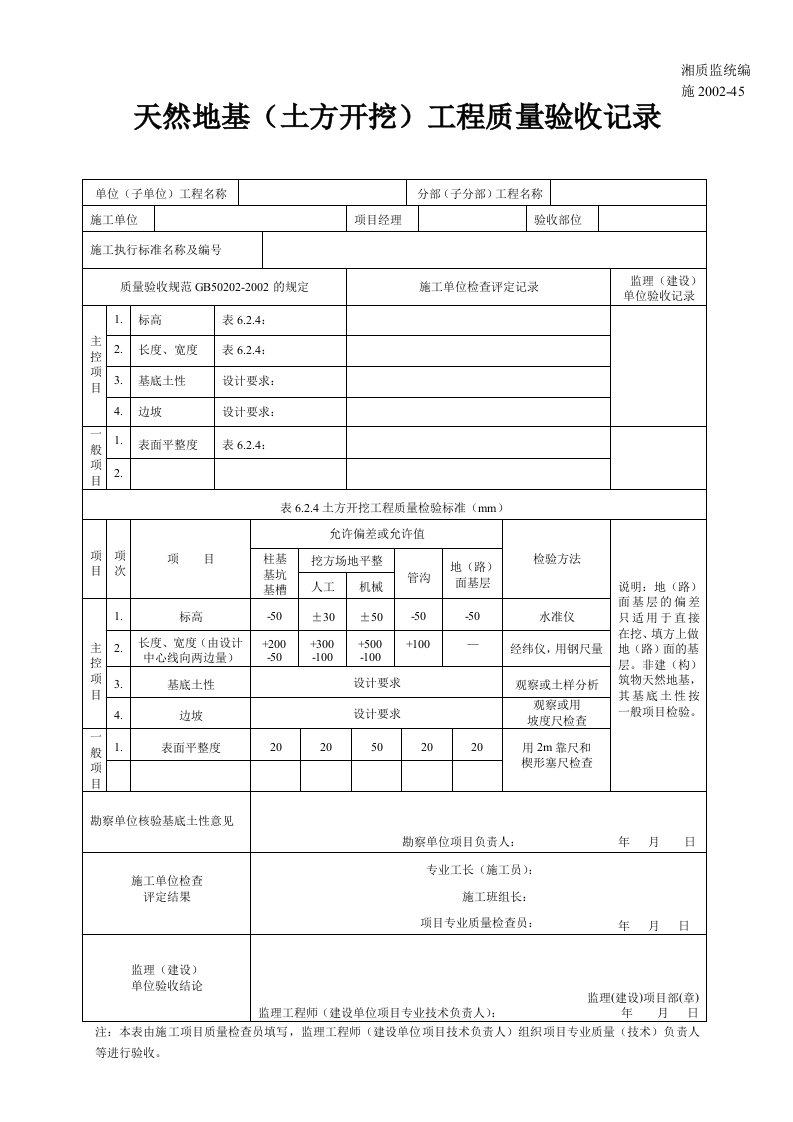 建筑资料-天然地基土方开挖工程质量验收记录