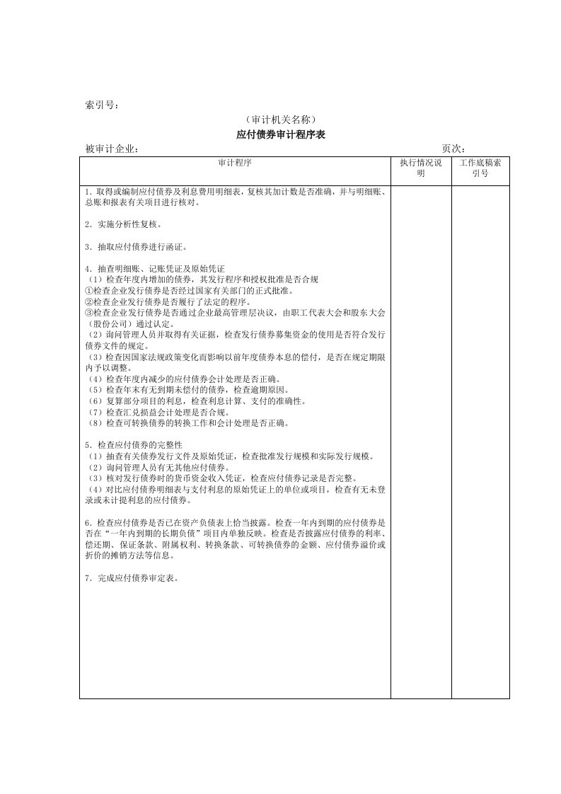 【管理精品】长期负债及其他负债W-02应付债券审计程序表