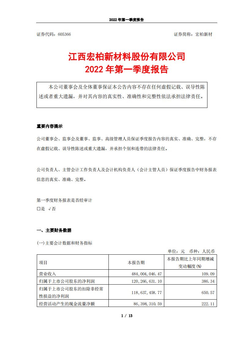 上交所-江西宏柏新材料股份有限公司2022年第一季度报告-20220428