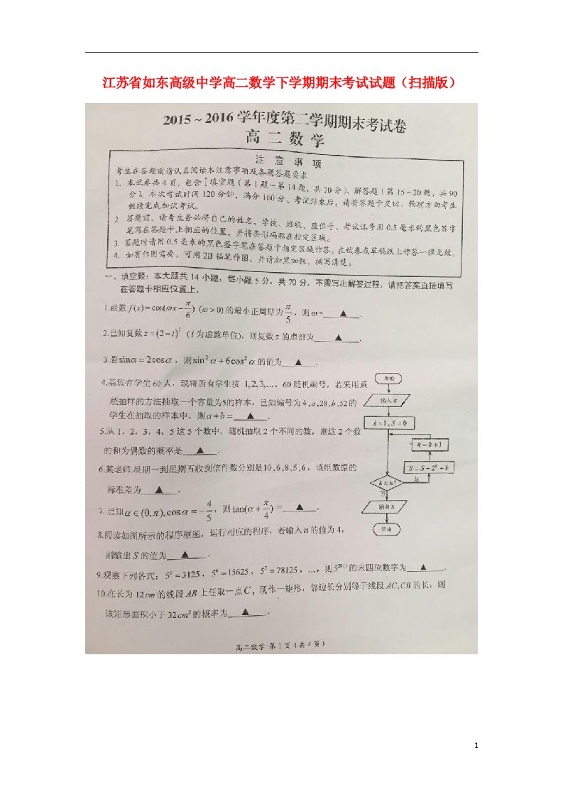 江苏省如东高级中学高二数学下学期期末考试试题（扫描版）