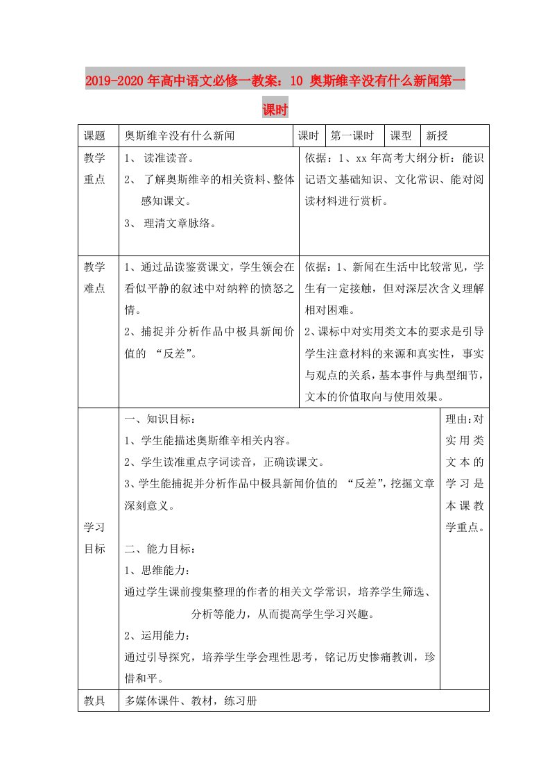 2019-2020年高中语文必修一教案：10