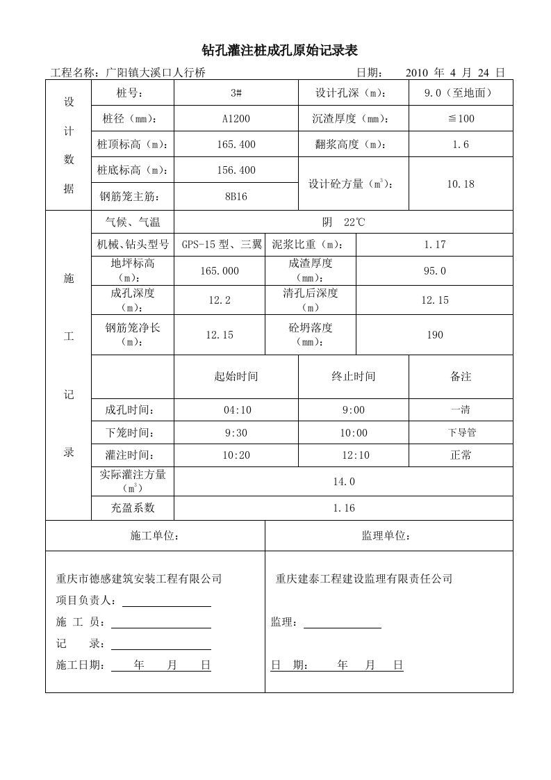 钻孔灌注桩成孔原始记录表