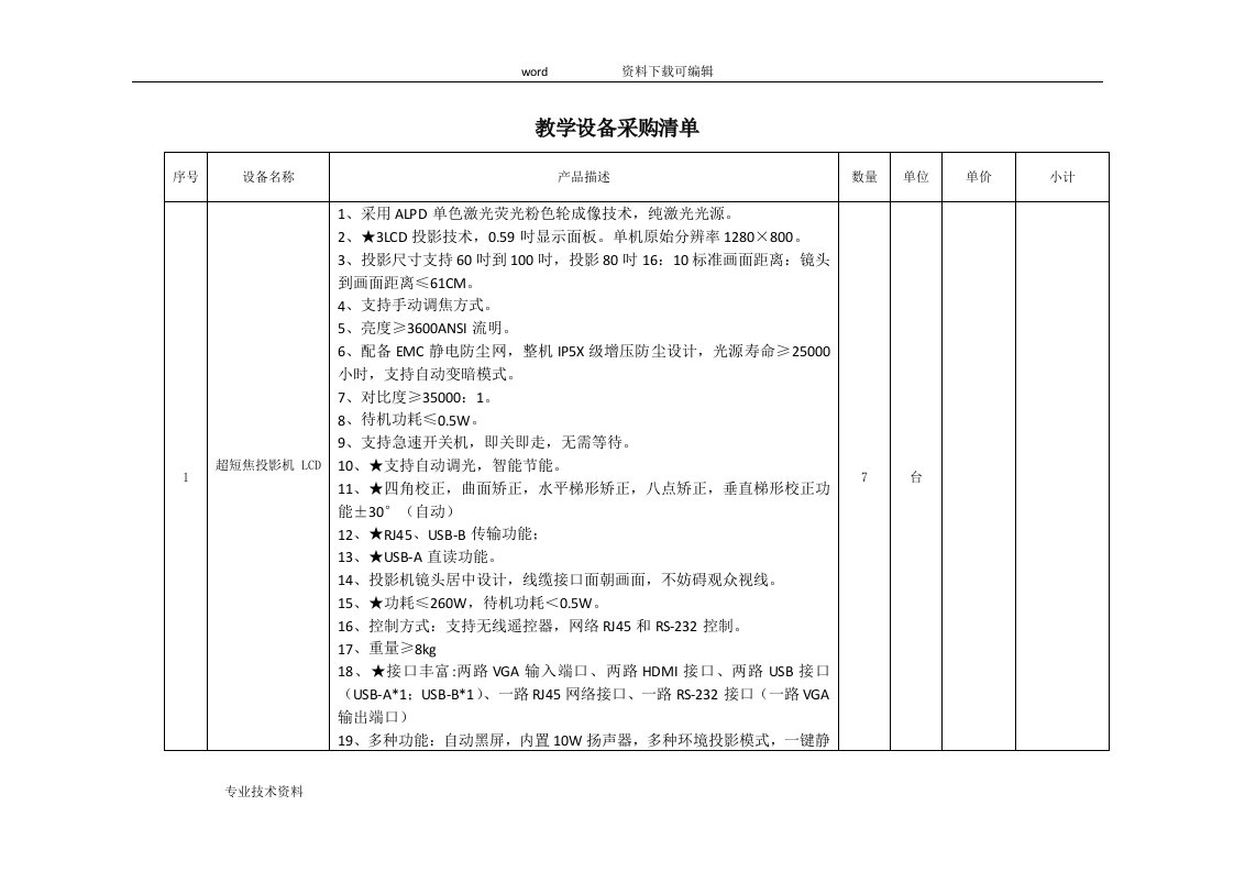 教学设备采购清单