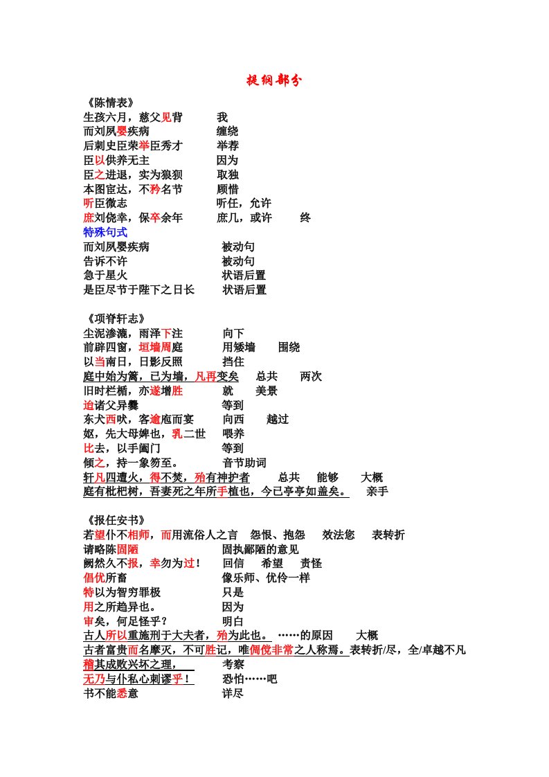 苏教必修五文言文-注释翻译复习提纲自测练习