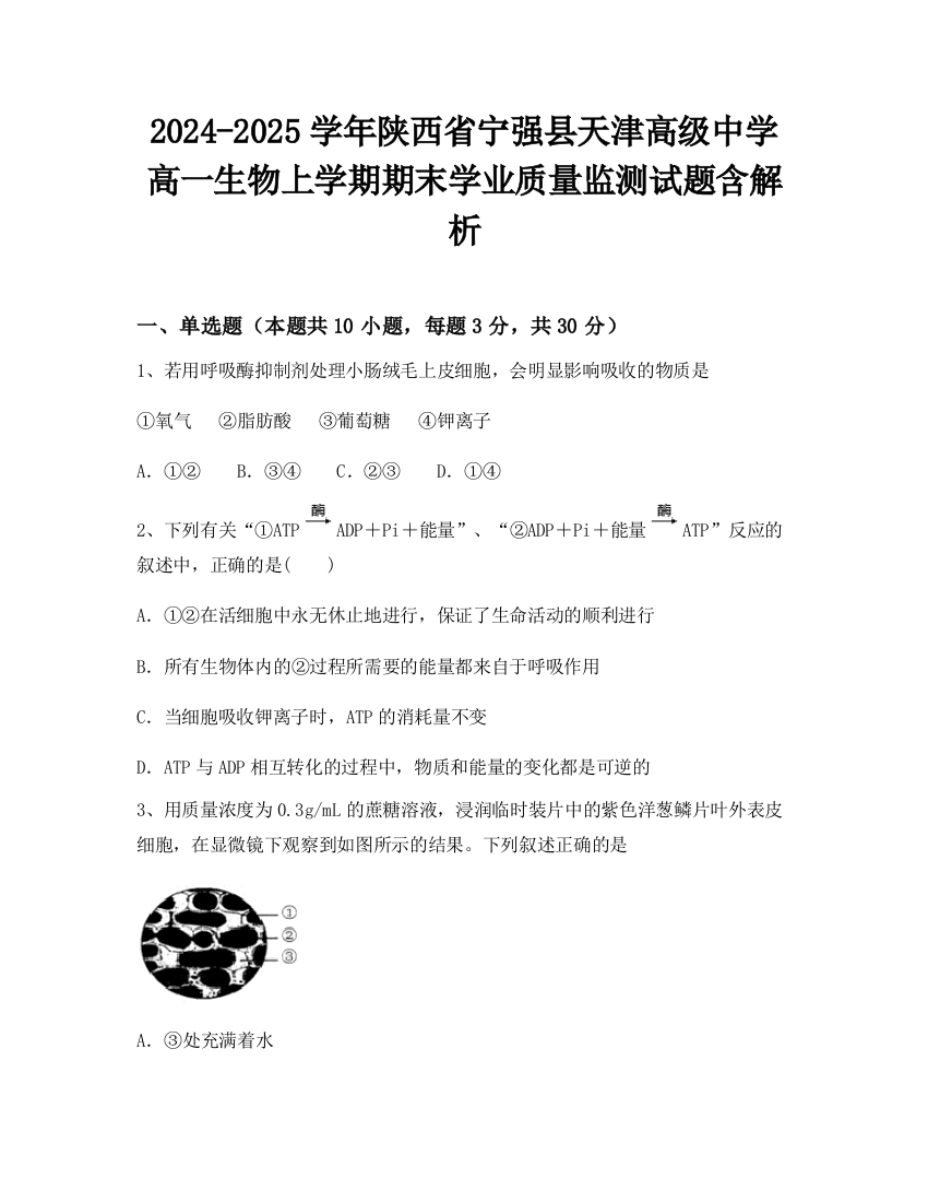 2024-2025学年陕西省宁强县天津高级中学高一生物上学期期末学业质量监测试题含解析