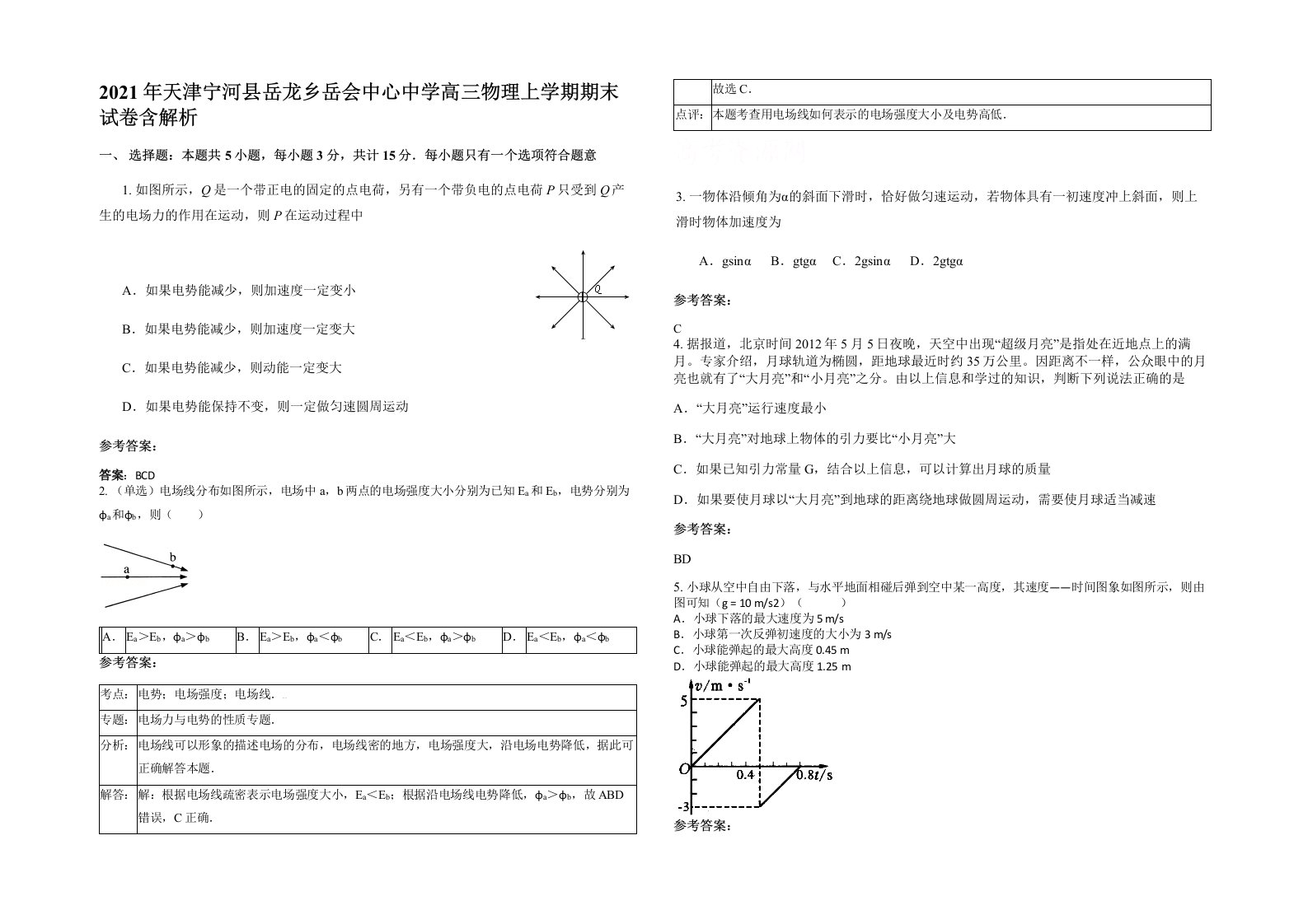 2021年天津宁河县岳龙乡岳会中心中学高三物理上学期期末试卷含解析